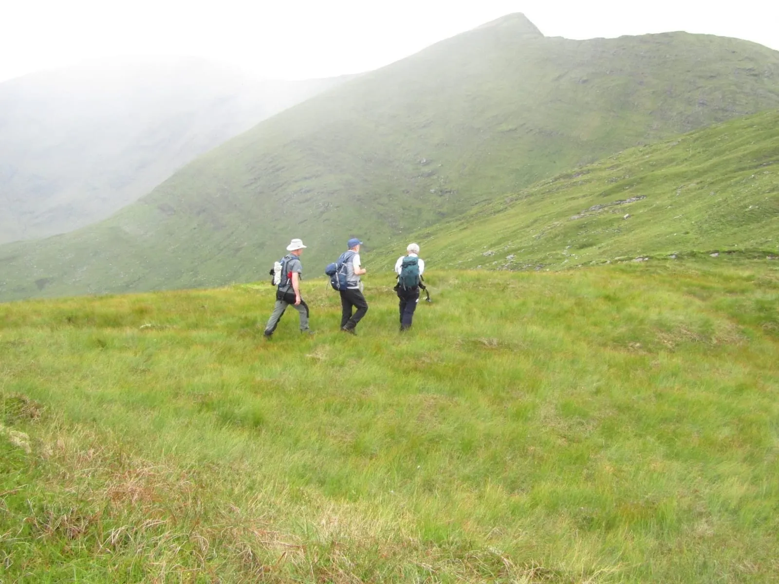 Hikers crossing a green hillside in the mist